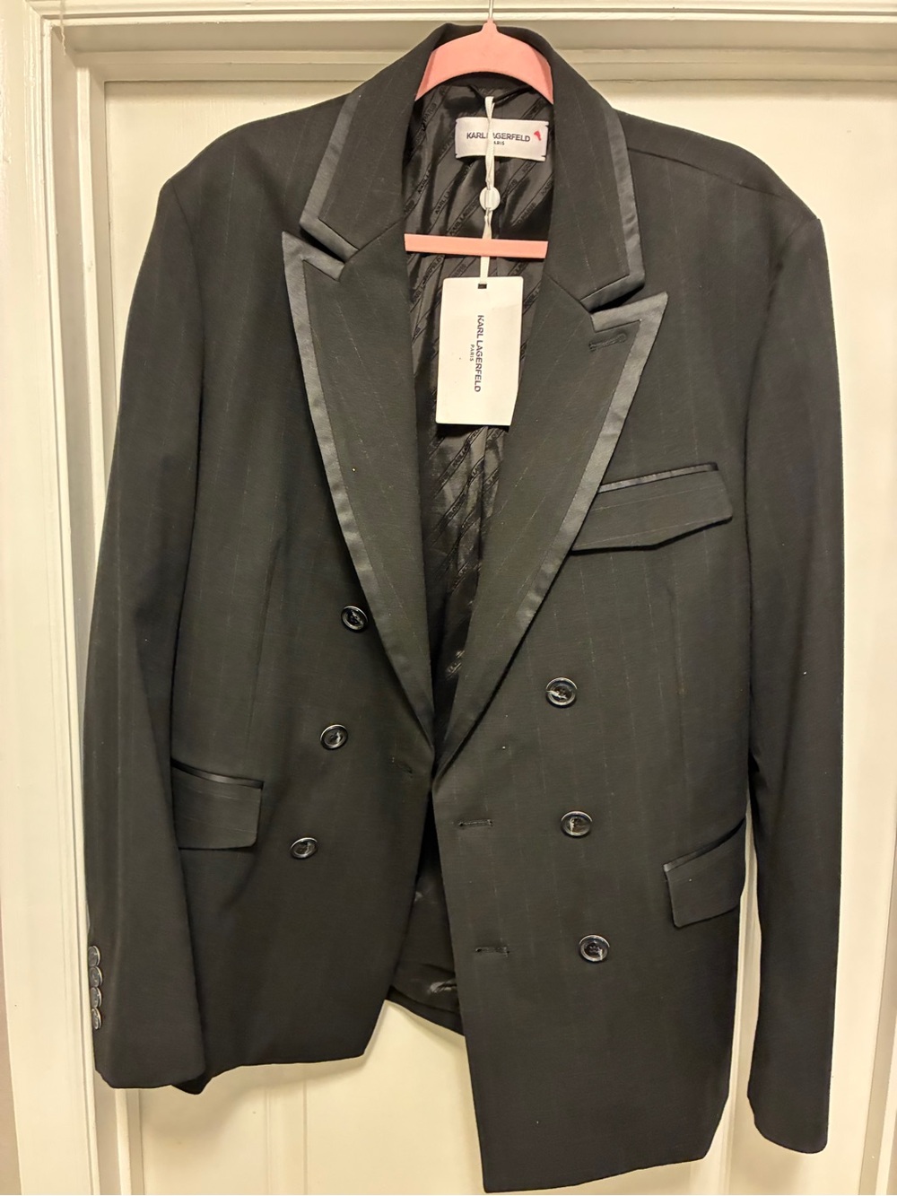 Karl Lagerfeld Men's Black Double-Breasted Tuxedo Blazer with Satin Trim